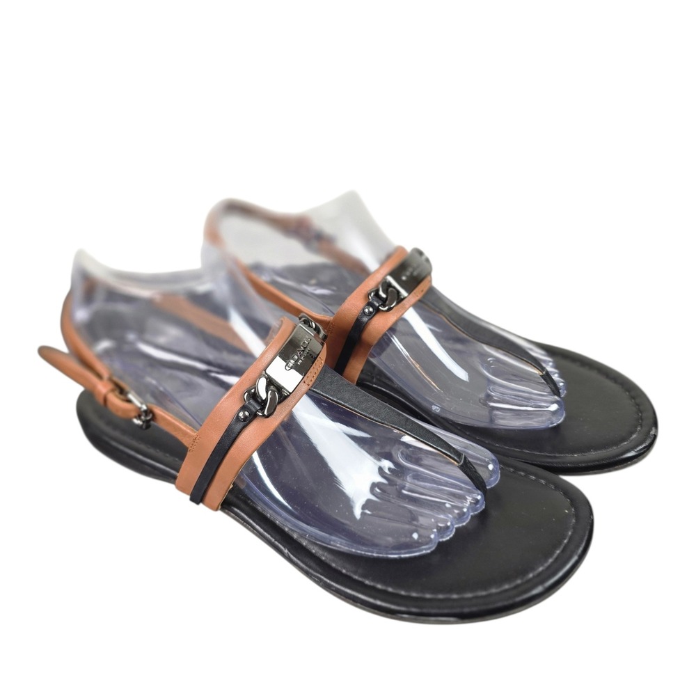 Coach T-Strap Sandals Women 9B Black Tan Good Leather Gunmetal Logo Chain Flat